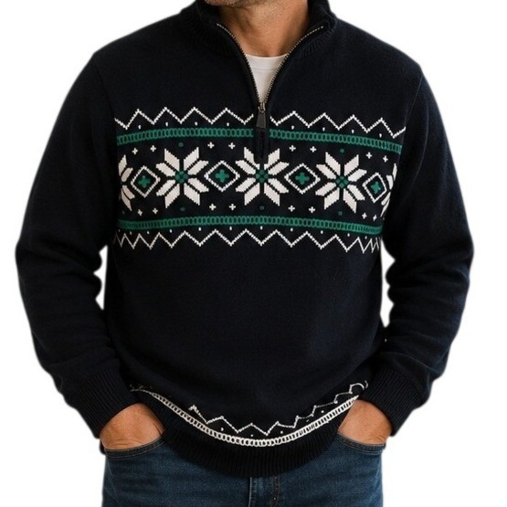 Chaps Navy Blue Fair Isle Snowflake Knit Quarter Zip Sweater Men's XL